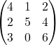 Rendered by QuickLaTeX.com \begin{equation*} \begin{pmatrix} 4 & 1 & 2 \\ 2 & 5 & 4 \\ 3 & 0 & 6 \end{pmatrix} \end{equation*}