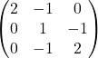 Rendered by QuickLaTeX.com \begin{equation*} \begin{pmatrix} 2 & -1 & 0 \\ 0 & 1 & -1 \\ 0 & -1 & 2 \end{pmatrix} \end{equation*}