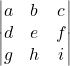 Rendered by QuickLaTeX.com \begin{equation*} \begin{vmatrix} a & b & c \\ d & e & f \\ g & h & i \end{vmatrix} \end{equation*}