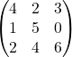 Rendered by QuickLaTeX.com \begin{equation*} \begin{pmatrix} 4 & 2 & 3 \\ 1 & 5 & 0 \\ 2 & 4 & 6 \end{pmatrix} \end{equation*}