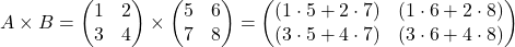 \[ A \times B = \begin{pmatrix} 1 & 2 \\ 3 & 4 \end{pmatrix} \times \begin{pmatrix} 5 & 6 \\ 7 & 8 \end{pmatrix} = \begin{pmatrix} (1 \cdot 5 + 2 \cdot 7) & (1 \cdot 6 + 2 \cdot 8) \\ (3 \cdot 5 + 4 \cdot 7) & (3 \cdot 6 + 4 \cdot 8) \end{pmatrix} \]