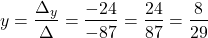 \[ y = \frac{\Delta_y}{\Delta} = \frac{-24}{-87} = \frac{24}{87} = \frac{8}{29} \]