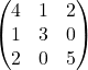 Rendered by QuickLaTeX.com \begin{equation*}\begin{pmatrix} 4 & 1 & 2 \\ 1 & 3 & 0 \\ 2 & 0 & 5 \end{pmatrix} \end{equation*}