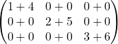 \begin{equation*} \begin{pmatrix} 1+4 & 0+0 & 0+0 \\ 0+0 & 2+5 & 0+0 \\ 0+0 & 0+0 & 3+6 \end{pmatrix} \end{equation*}